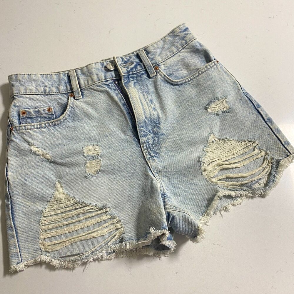 Sinsey Denim High Rise Distressed Rhinestone Shorts Size S Light Blue